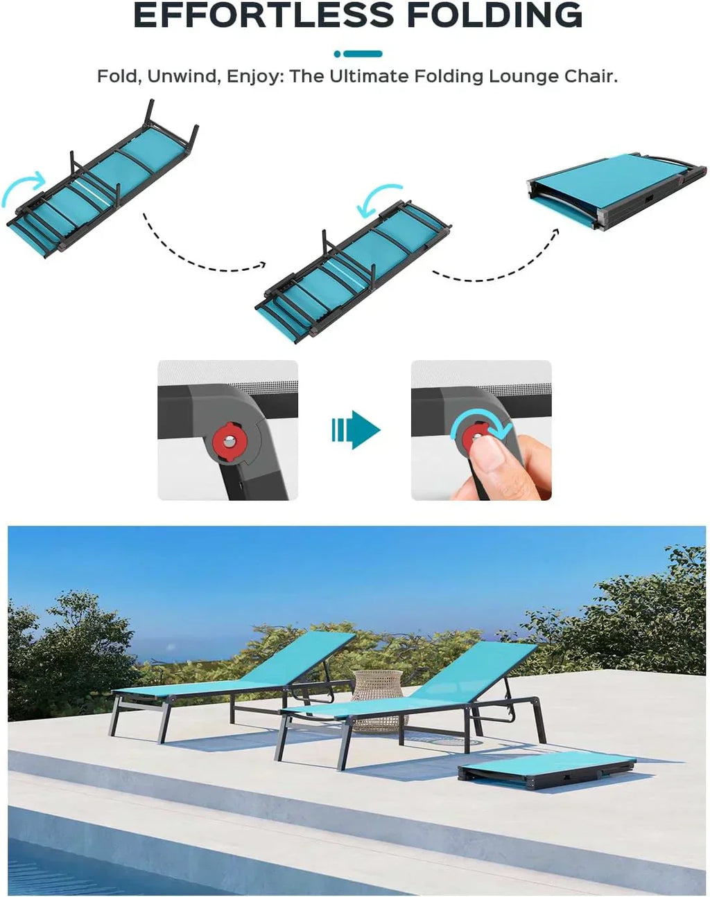 Aluminum Chaise Lounge Outdoor Foldable Assemble Free Outdoor Lounge Chair 5 Adjustable Backrest