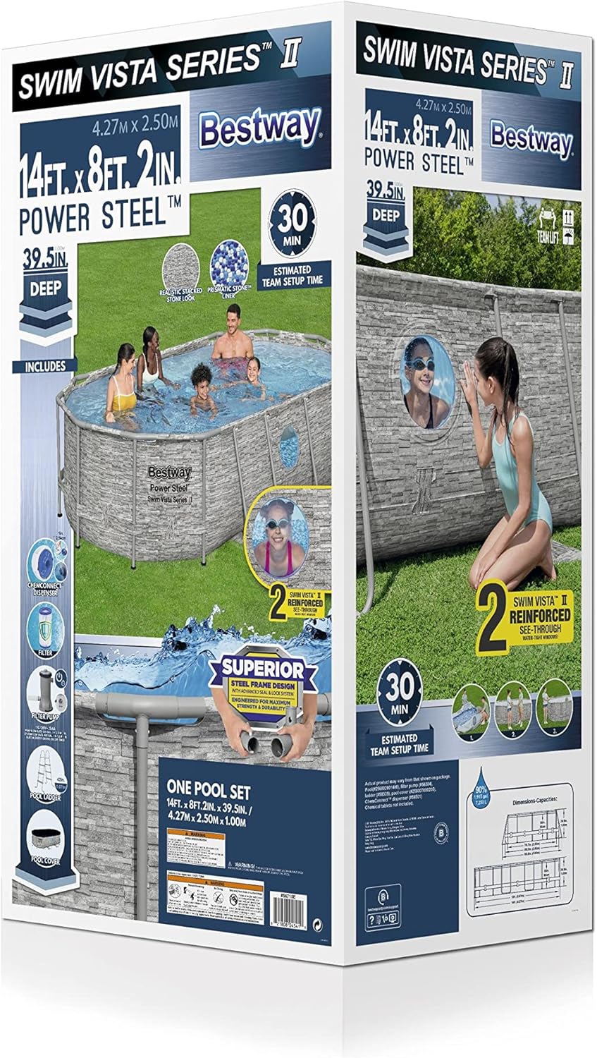Power Steel 14' x 8'2 x 39.5 Oval Above Ground Pool Set | Includes 530gal Filter Pump, Ladder, ChemConnect Dispener