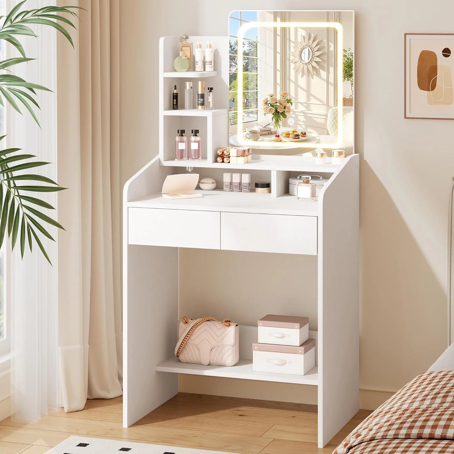 Makeup Vanity Desk Set, White, 35.4�M�� x 15.7 D x 53.9 H Large Smart LED Mirror