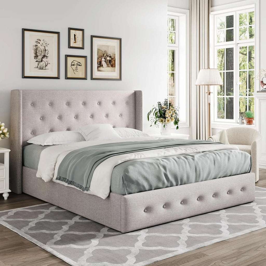 Allewie Queen Size Lift Up Storage Bed Modern Wingback Headboard Hydraulic Support