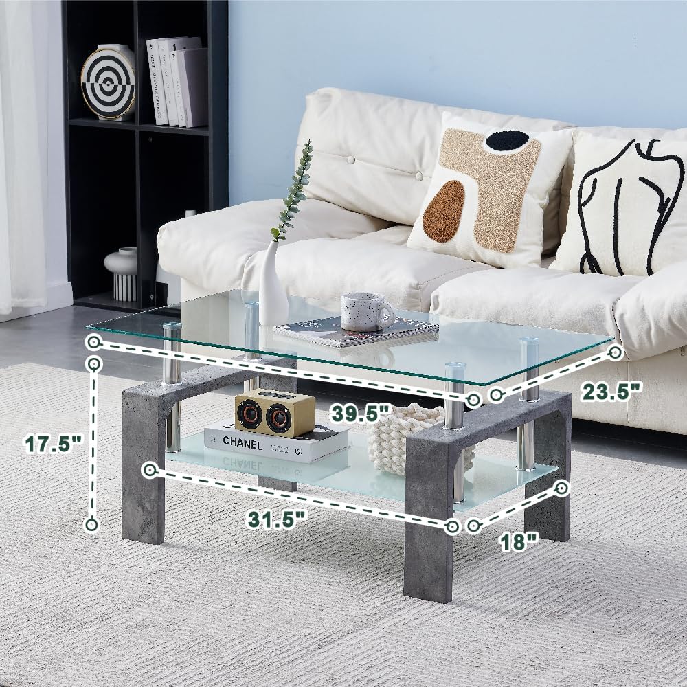 Living Room Rectangle Coffee Table, Tea Table Suitable for Waiting Room, Modern Side Coffee Table with Wooden Leg, Glass Tabletop