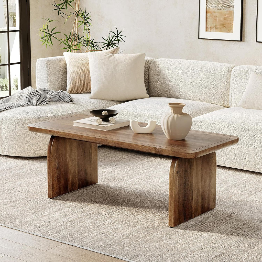 LITTLE TREE Farmhouse Coffee Table 47 Inch Round Corner Wood Center Table Rectangular
