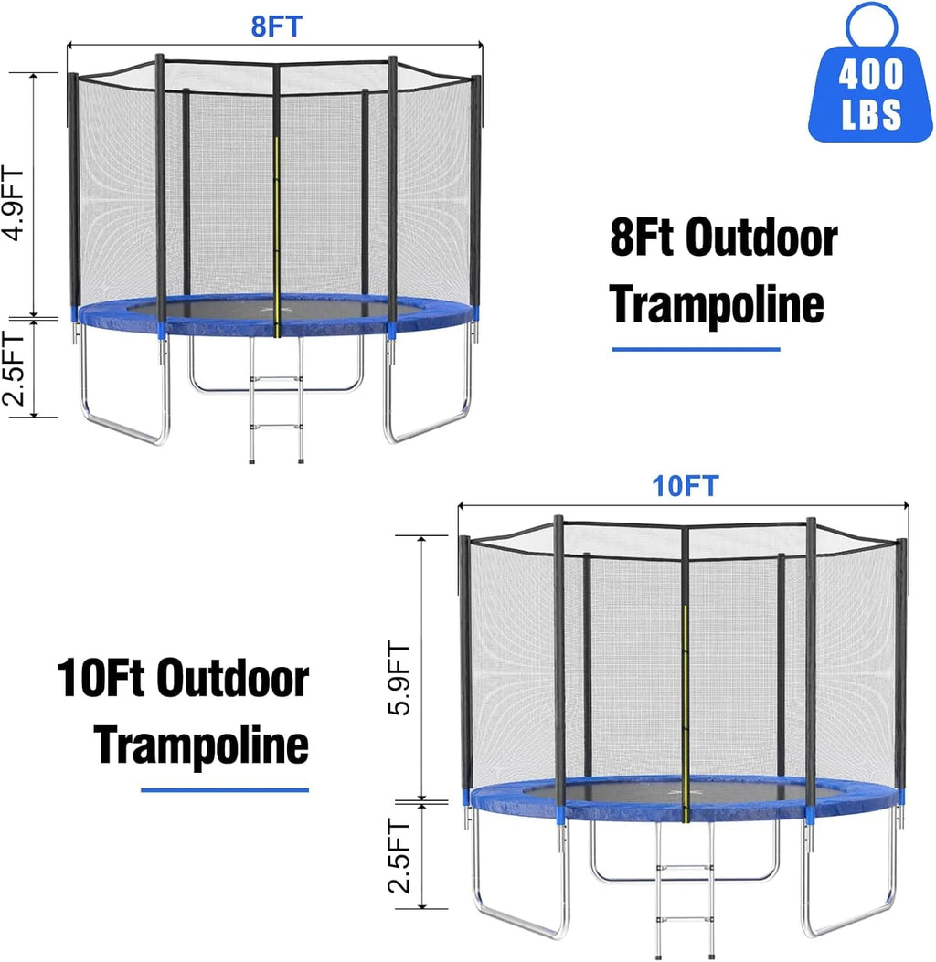 AOTOB 8FT 10FT 12FT 14 FT 15FT Trampoline with Safety Enclosure Net，Outdoor Trampoline with Basketball Hoop, Heavy Duty Jumping Mat and Spring Cover Padding for Kids and Adults, Storage Bag and Ladder