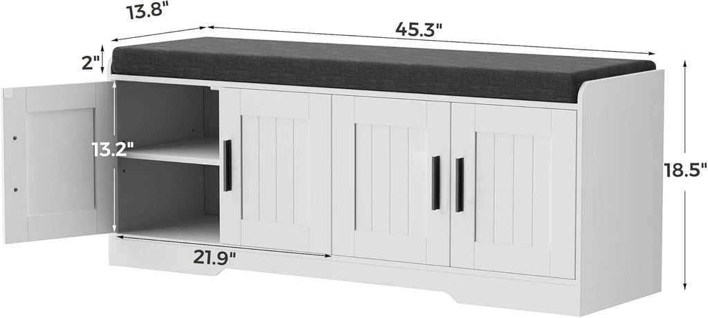 2-Tier Storage Bench, Shoe Bench with Thickened Padded Seat Cushion, Entryway Bench with 4 Doors, Adjustable Shelf, 13.8 D x 45.3 W x 18.5 H, for Entryway, Living Room, Bedroom, White