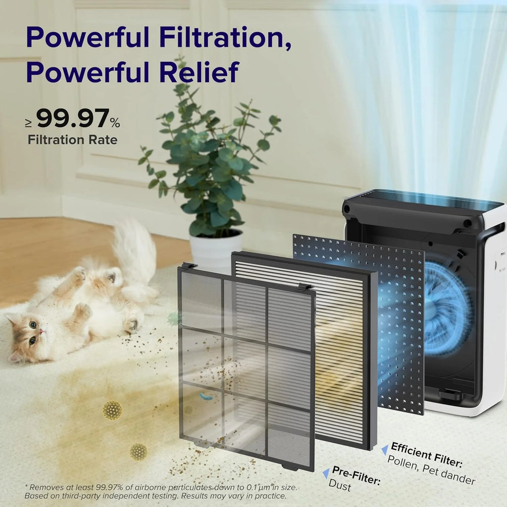 Large-room air purifier for home use with air quality monitor, washable pre-filter, and pet-friendly