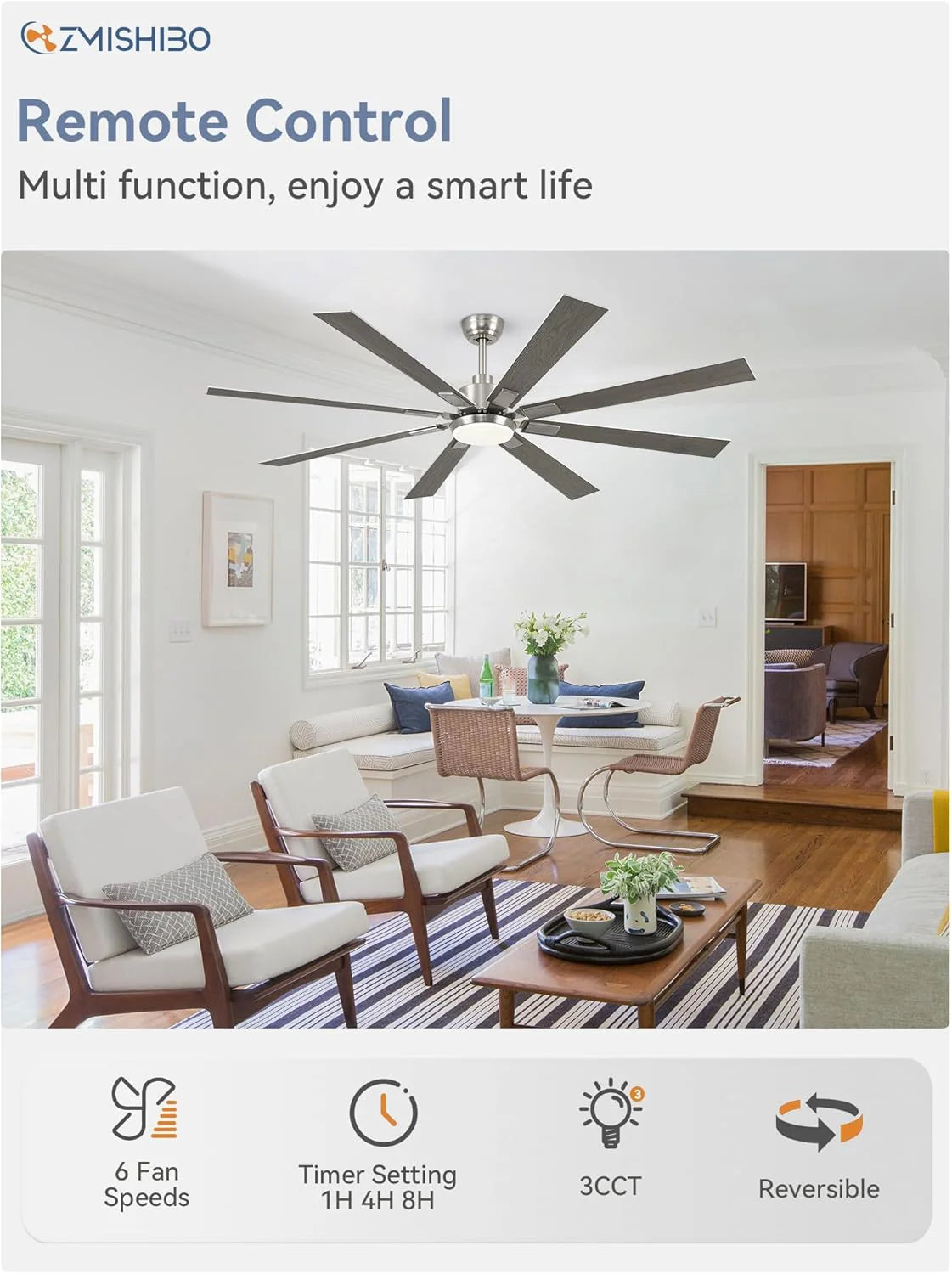 ZMISHIBO 72 inch Large Ceiling Fans with Lights and Remote, Indoor/Outdoor Black Modern Ceiling Fan for Kitchen Living Room Patio, 6 Speed Reversible Quiet DC Motor, 3 CCT, Dual Finish 8 Blades