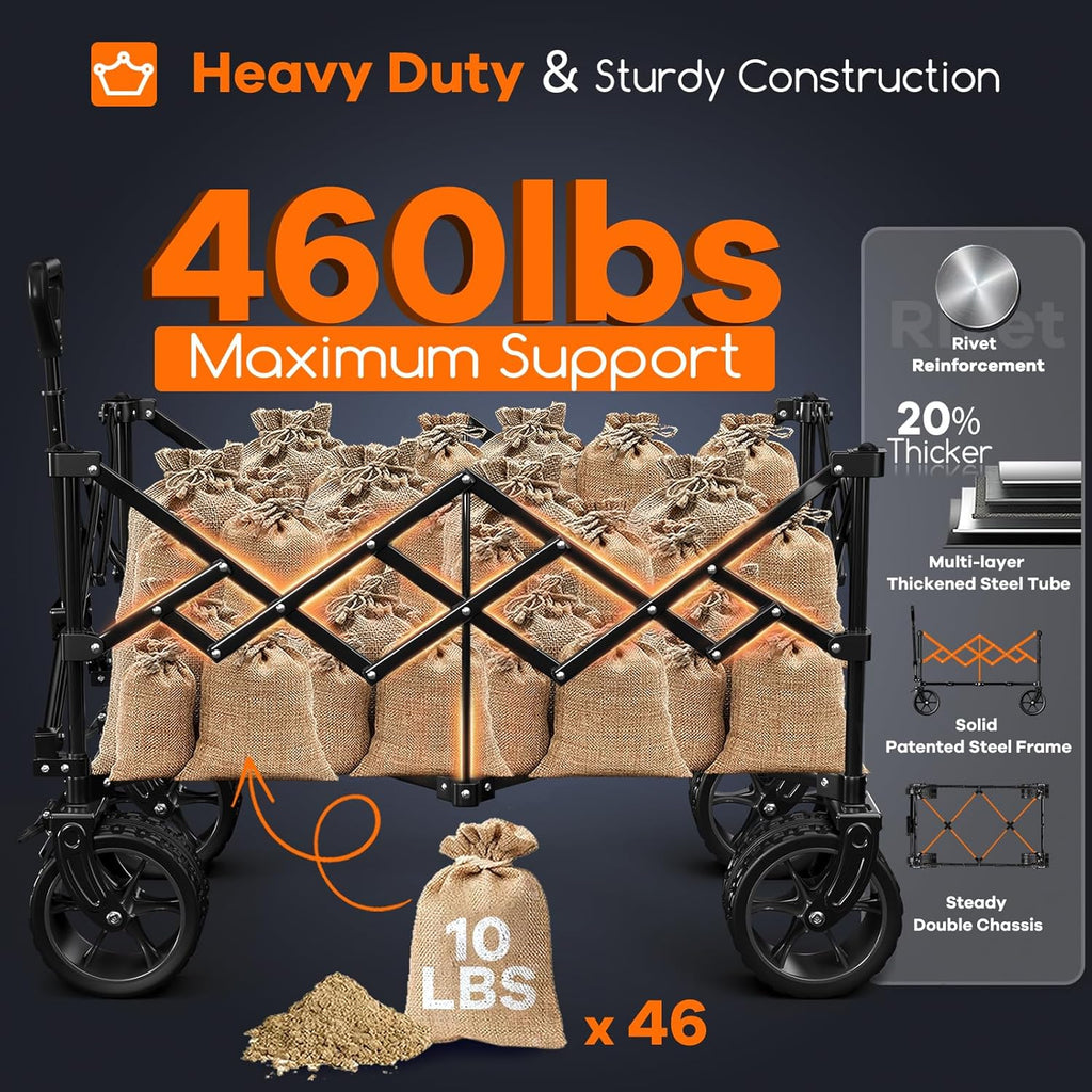 38 long foldable four-wheel stroller, foldable, 460 lb capacity, 220 liter heavy-duty folding beach stroller with large all-terrain tires