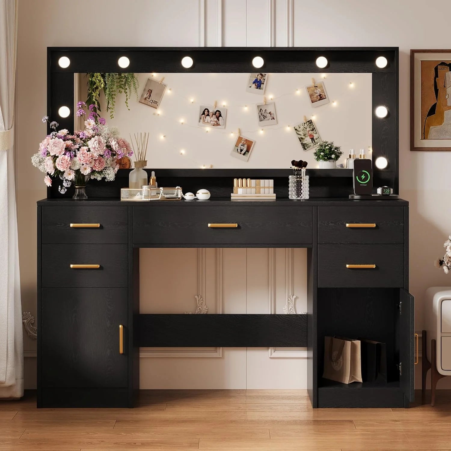 Black Vanity Desk with Mirror, Lights & Charging Station, 58.3 3 Lighting Modes