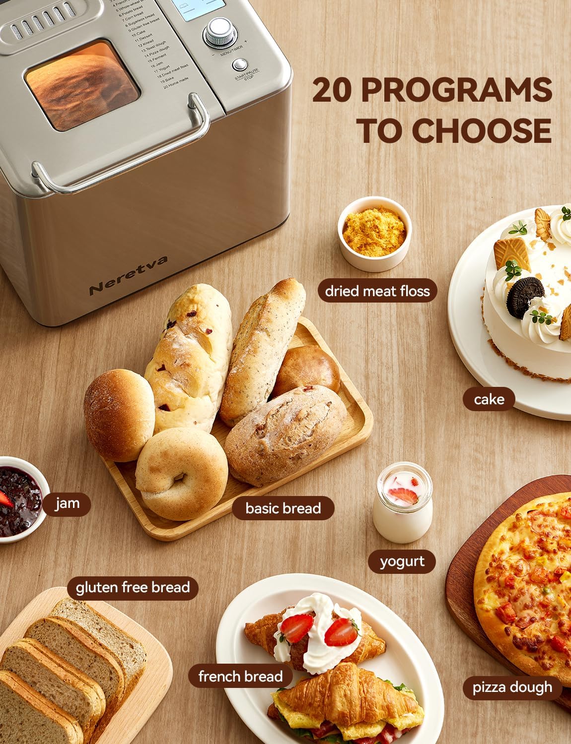 Neretva Bread Maker 20-in-1 2LB Bread Maker Dual Heater Bread Maker Automatic