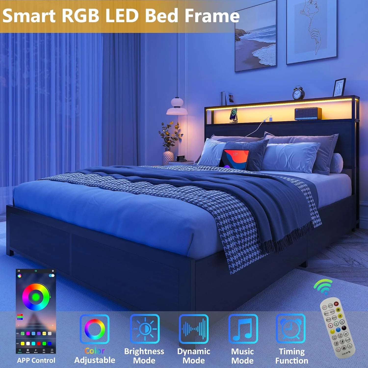Lifezone Queen Bed Frame with 2-Tier Storage Headboard, Metal Platform Bed Frame with 4 Storage Drawers, Built in Charging Station & LED, Noise-Free/Metal Support/No Box Spring Needed