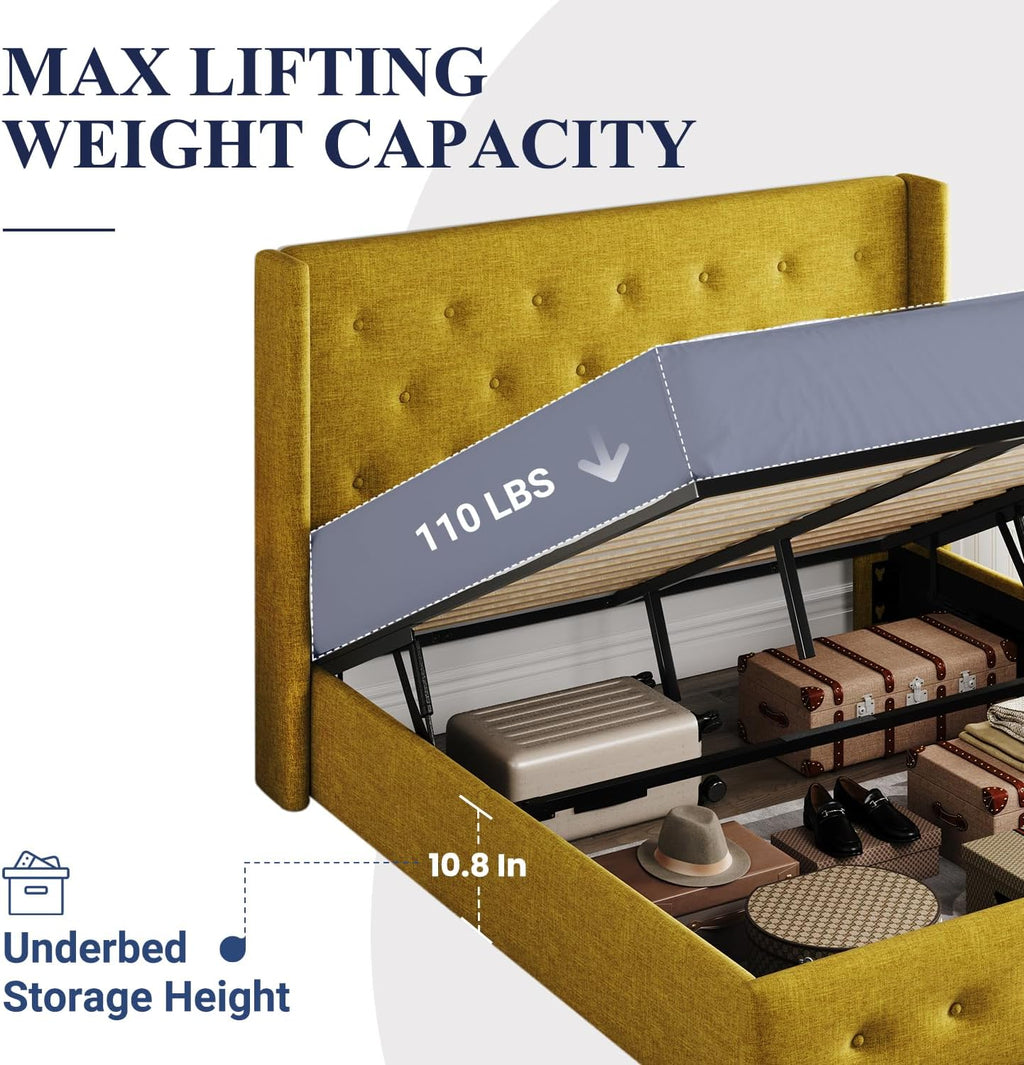 Allewie Queen Size Lift Up Storage Bed Modern Wingback Headboard Hydraulic Support