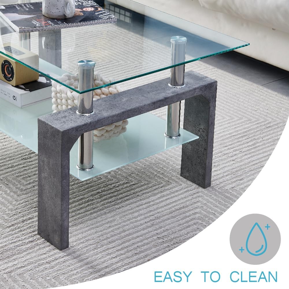Living Room Rectangle Coffee Table, Tea Table Suitable for Waiting Room, Modern Side Coffee Table with Wooden Leg, Glass Tabletop