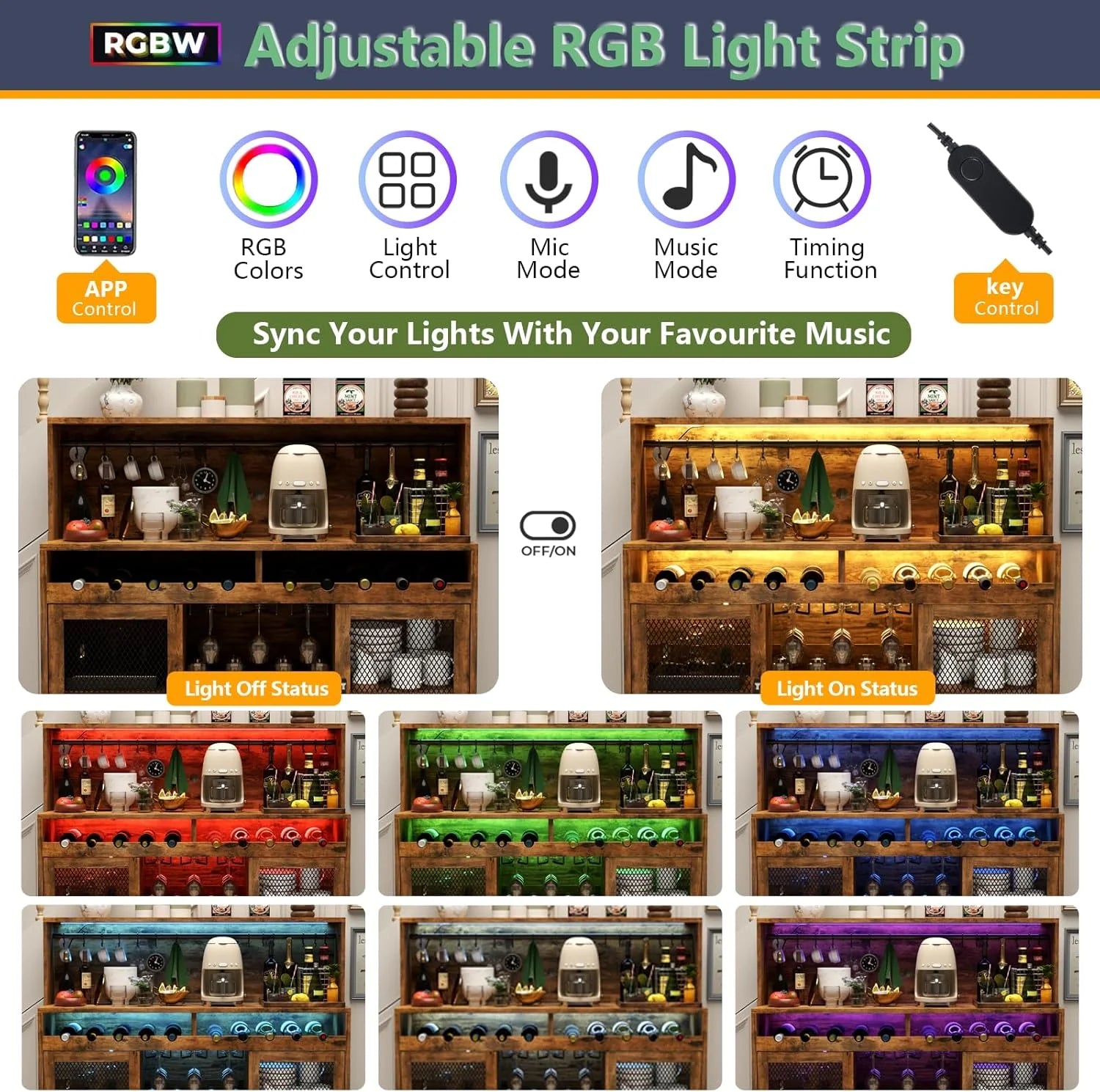 Wine Bar Cabinet with LED Light, Liquor Cabinet with Glass Holder, Coffee Bar for Liquor, Storage Buffet with Wine Racks, Wine Cabinet