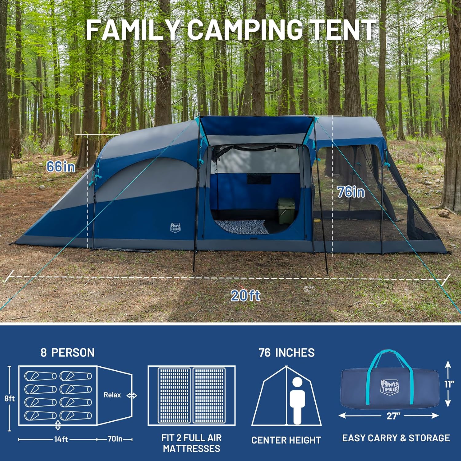 TIMBER RIDGE 8 Person Family Camping Tent Double Layer Waterproof Weather Resistant Tunnel Tent