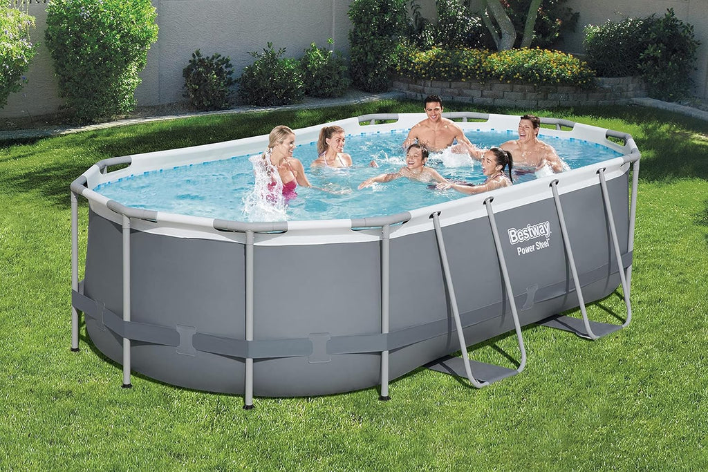 Power Steel 14' x 8'2 x 39.5 Oval Above Ground Pool Set | Includes 530gal Filter Pump, Ladder, ChemConnect Dispener