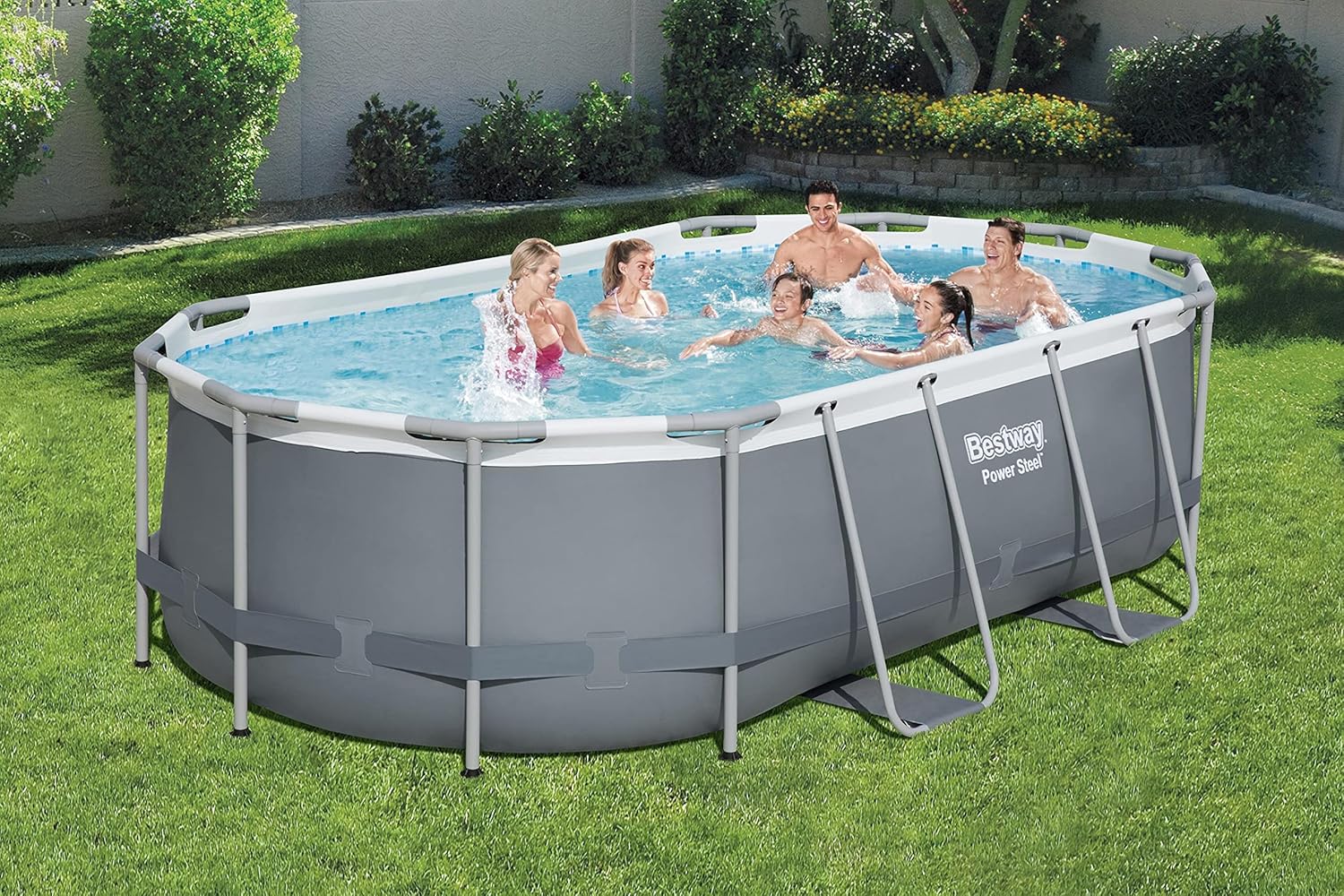 Power Steel 14' x 8'2 x 39.5 Oval Above Ground Pool Set | Includes 530gal Filter Pump, Ladder, ChemConnect Dispener