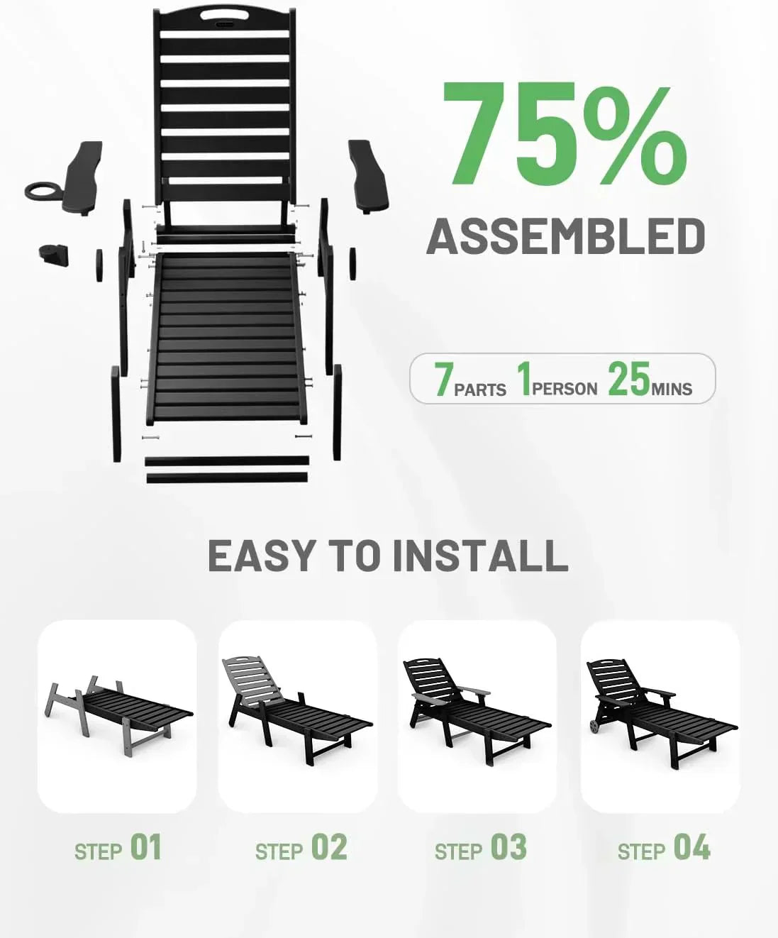 Lounge Chair Outdoor Chaise Lounge HDPE 6-Position Outdoor Chaise Lounge Patio Lounge Chair