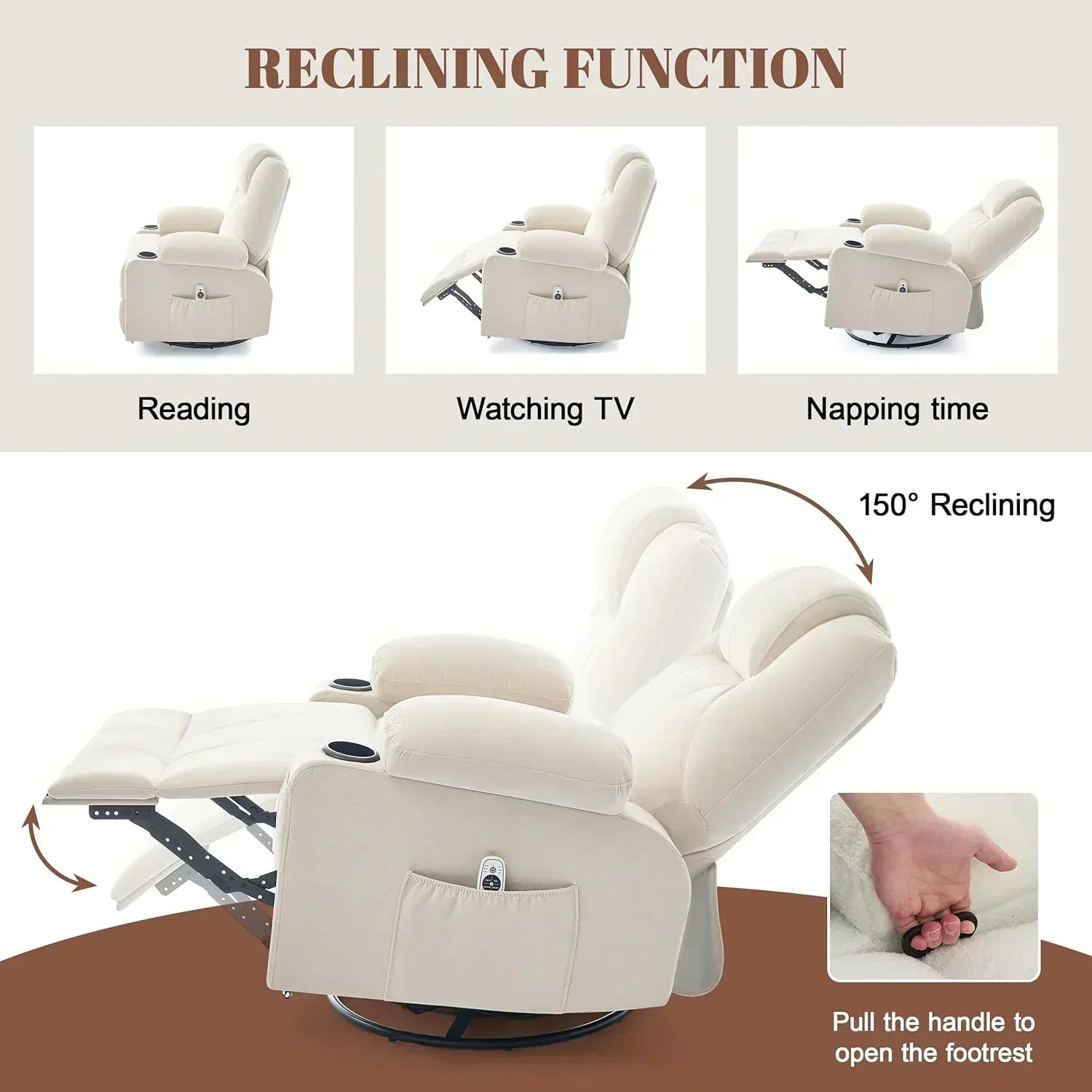 Large Swivel Rocking Recliner with Massage Function 360 Degree Swivel Rocking Single Sofa