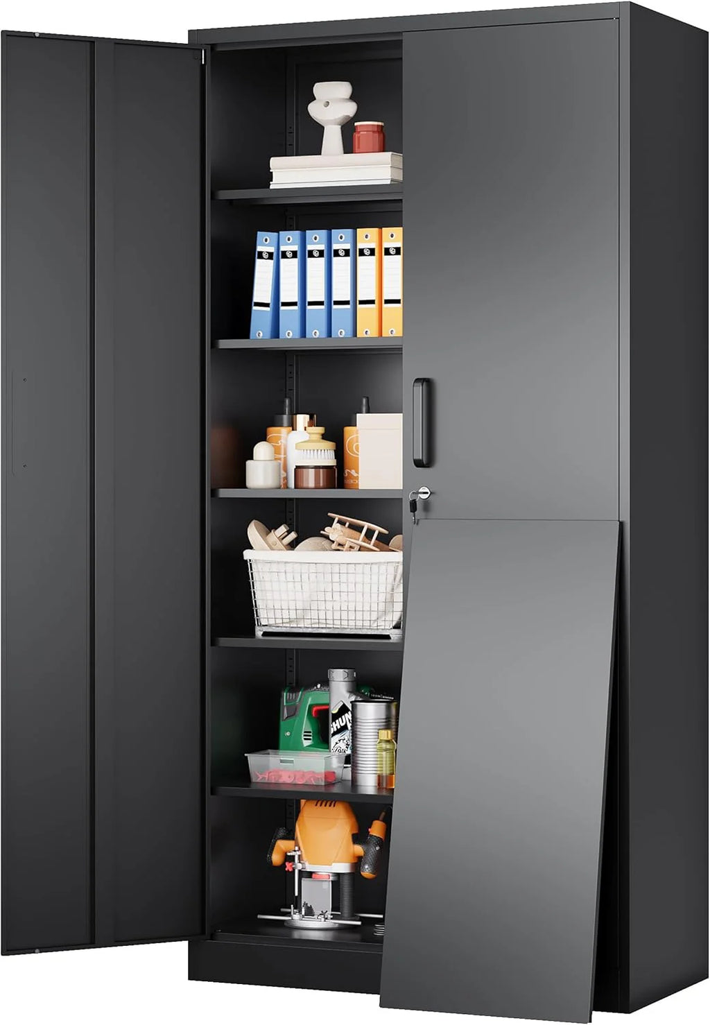 Metal Storage Cabinet with 2 Doors and 6 Shelves, Black Metal Cabinet with Lock, 71 Inch Lockable Garage Storage Cabinet