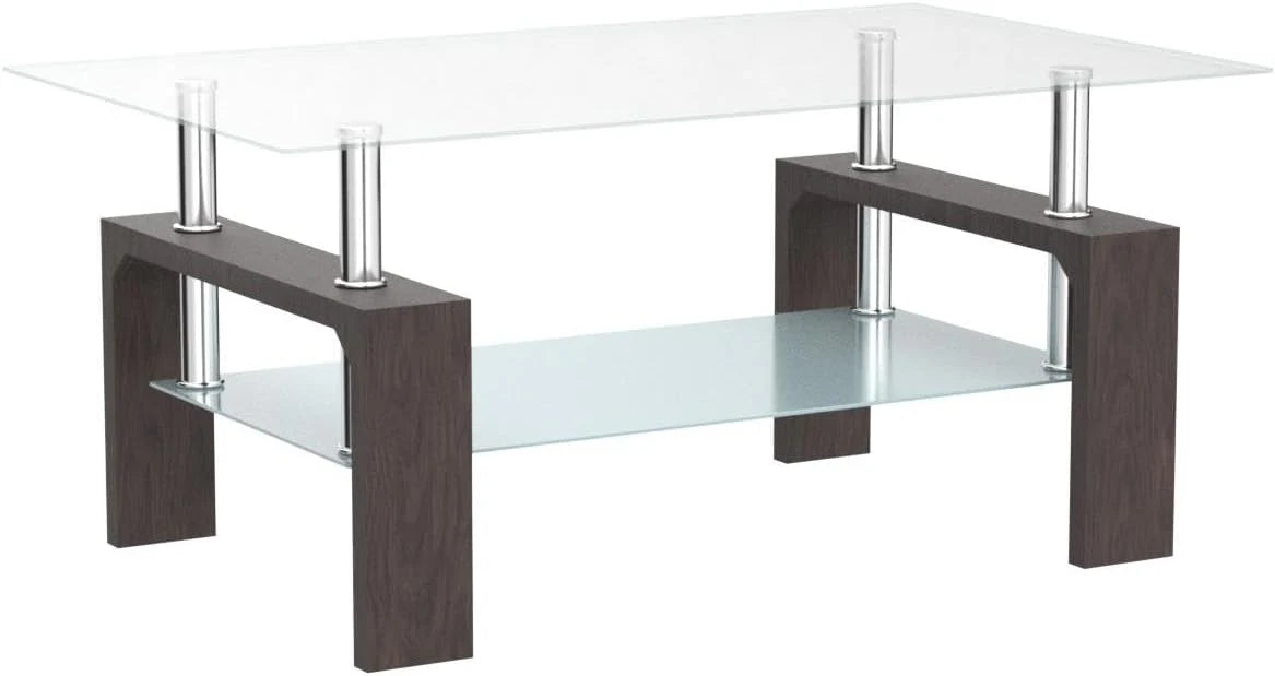 Living Room Rectangle Coffee Table, Tea Table Suitable for Waiting Room, Modern Side Coffee Table with Wooden Leg, Glass Tabletop