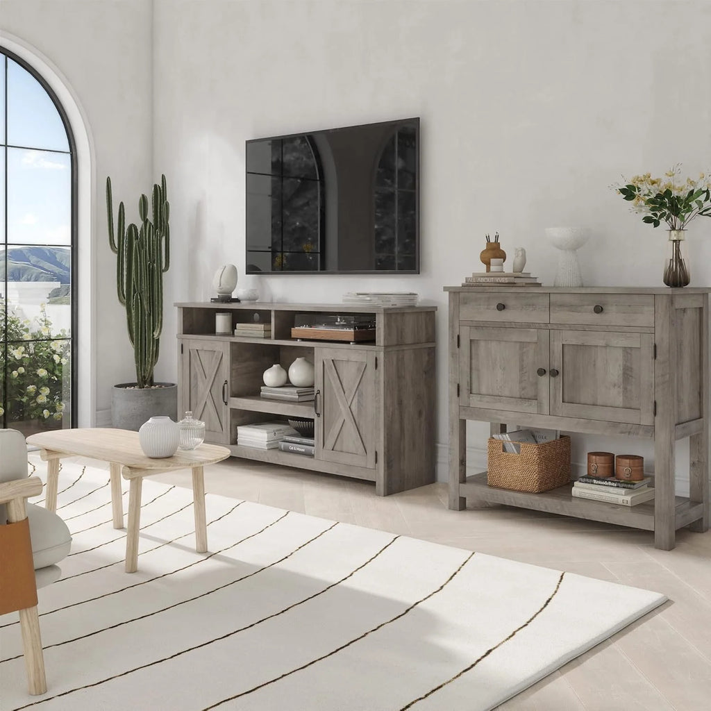 HOSTACK Farmhouse Console Table with 2-Door Cabinet & 2 Drawers, Coffee Bar, Entryway Table with Storage Shelf, Sofa Tables Buffet Sideboard for Kitchen, Hallway, Dining, Living Room, Rustic Brown
