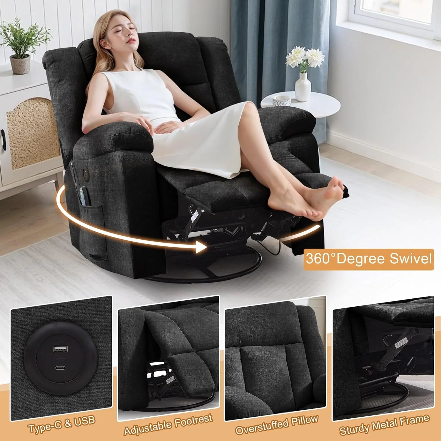 Rocker Recliner, Glider Recliner Chairs for Adults, 360�� Swivel Rocking Chair with Massage and Heating, Nursery Chair