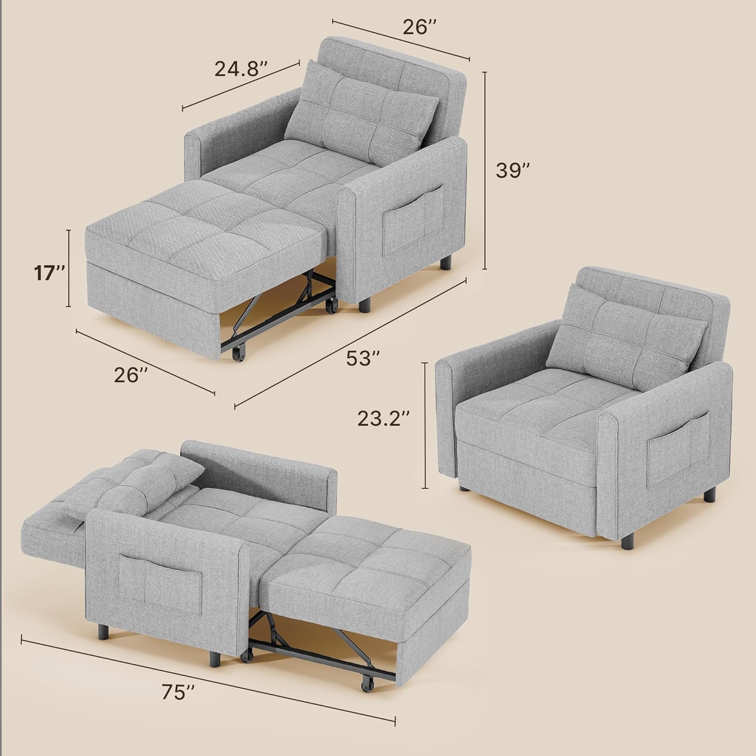 Sofa Bed Chair 3 in 1 Convertible Pullout Single Sleeper Chair Bed Spacious Multifunctional Sofa