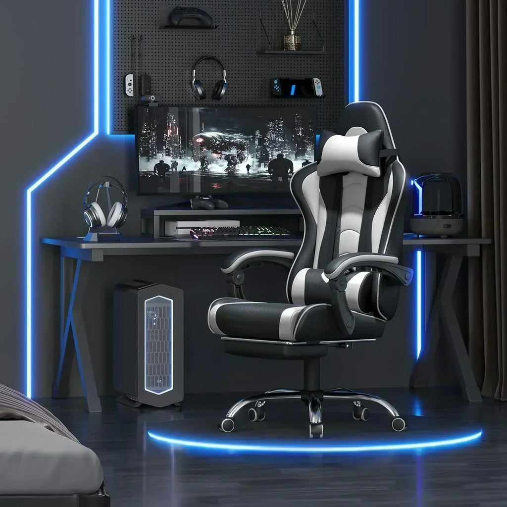Gaming Chair with Massage Lumbar Support and Footrest Height Office Gaming Chair