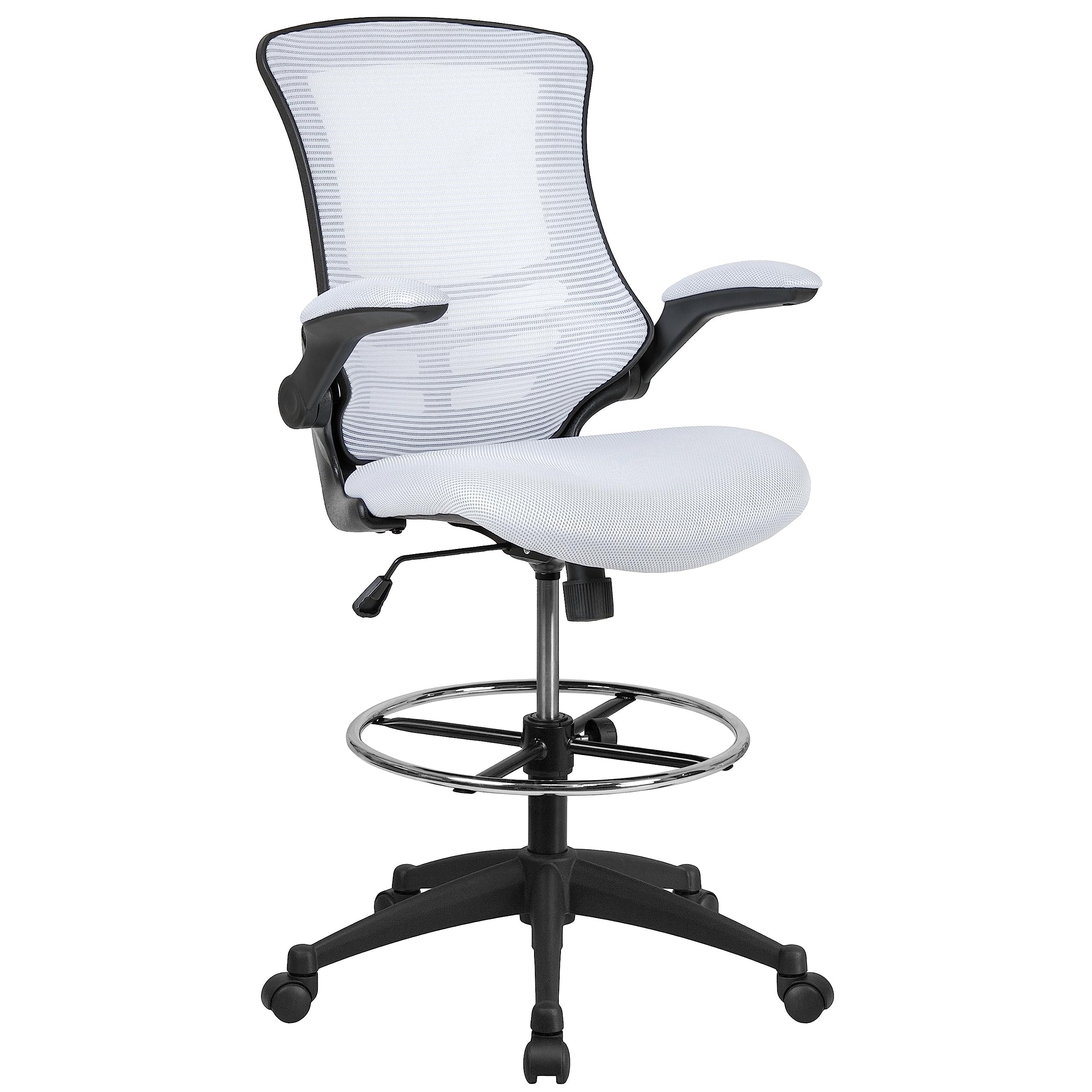 Kelista Mid-Back Black Mesh Ergonomic Drafting Chair Adjustable Foot Ring Flip-Up Arms