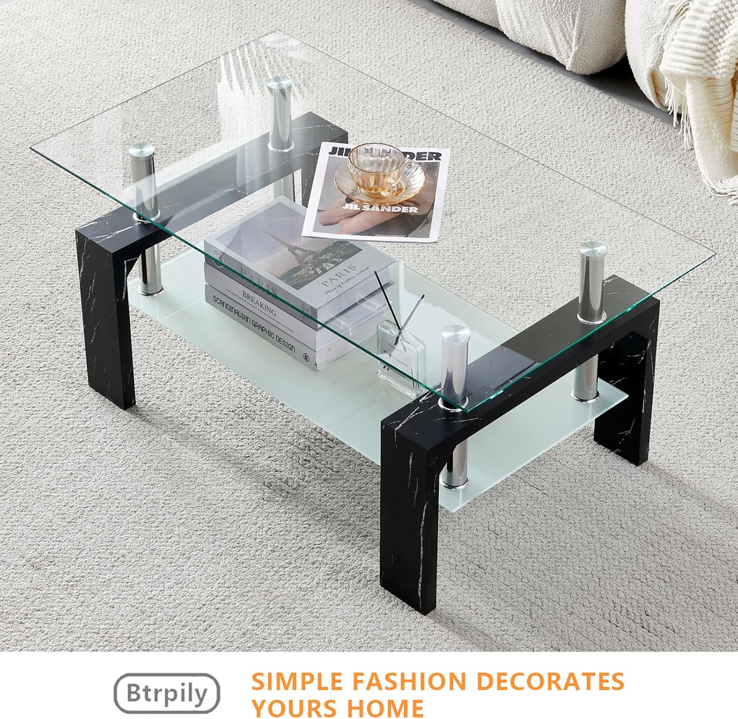 Living Room Rectangle Coffee Table, Tea Table Suitable for Waiting Room, Modern Side Coffee Table with Wooden Leg, Glass Tabletop