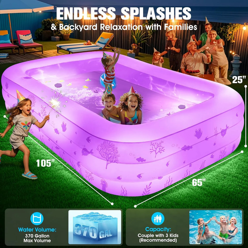 Inflatable Pool with Seat and Pool Lights, Durable Thickened Large Size Family Inflatable Pools for Adults Blow Up Pools,105 x 65 x 25Swimming Inflatable Kids PooI for Backyard,Outdoor (White)