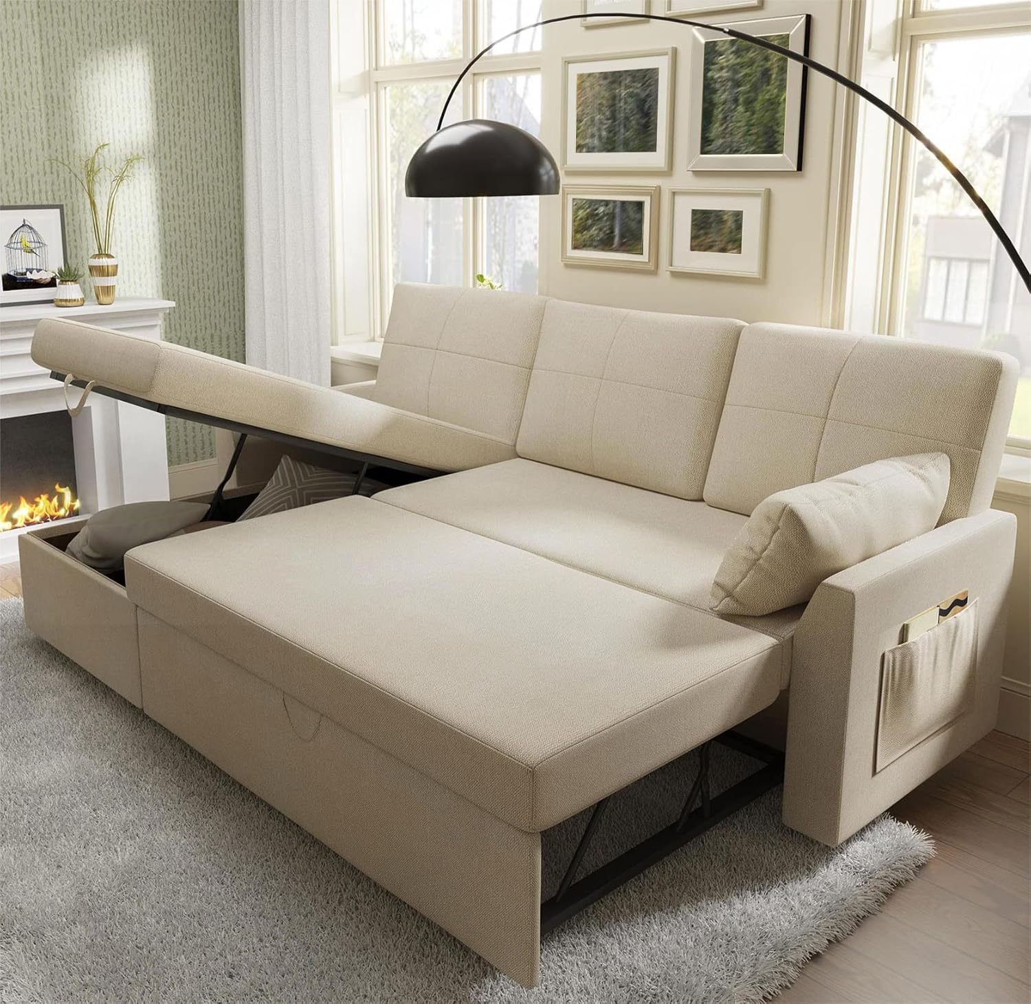 VanAcc Sofa Bed Sleeper Sofa with Storage Chaise 2 in 1 Pull Out Couch Living Room