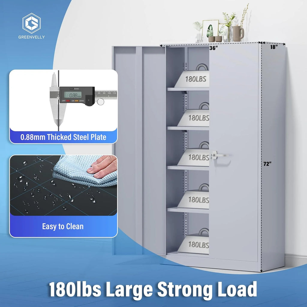 Greenvelly Metal Storage Cabinet, 72 Black Locking Metal Cabinet with 2 Doors and 4 Adjustable Shelves, Lockable Garage Storage Cabinets for Home Office, Garage, Kitchen, Living Room