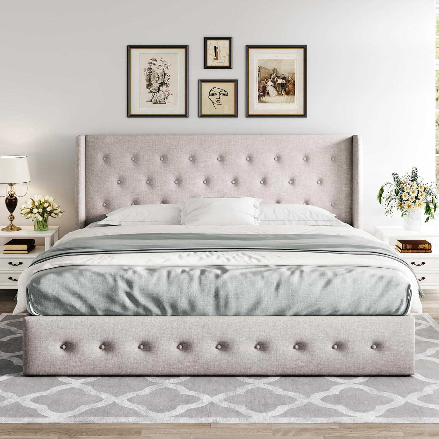 Allewie Queen Size Lift Up Storage Bed Modern Wingback Headboard Hydraulic Support