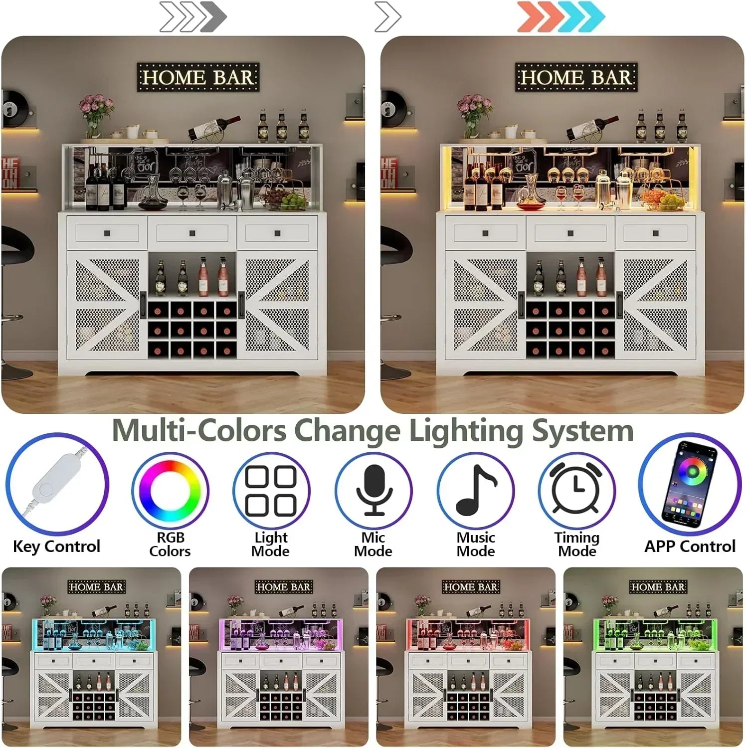 Wine Bar Cabinet with LED Light Liquor Cabinet with Glass Holder Coffee Bar for Liquor