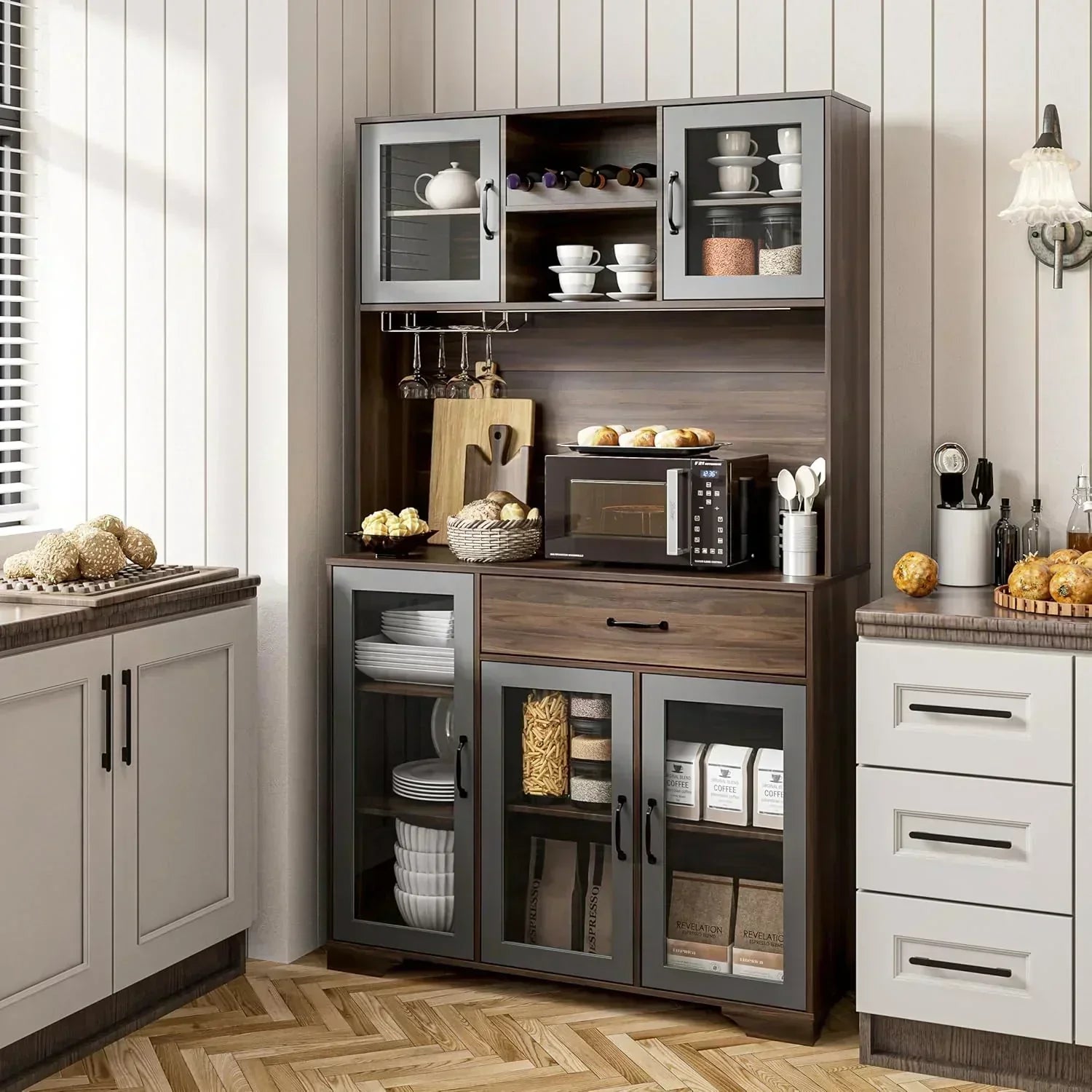 Kitchen Hutch Pantry Cabinet 71 Tall with Glass Doors