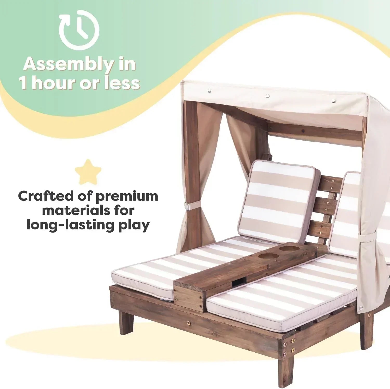 KidKraft Wooden Outdoor Double Chaise Lounge with Cup Holders Kids Patio Furniture Honey
