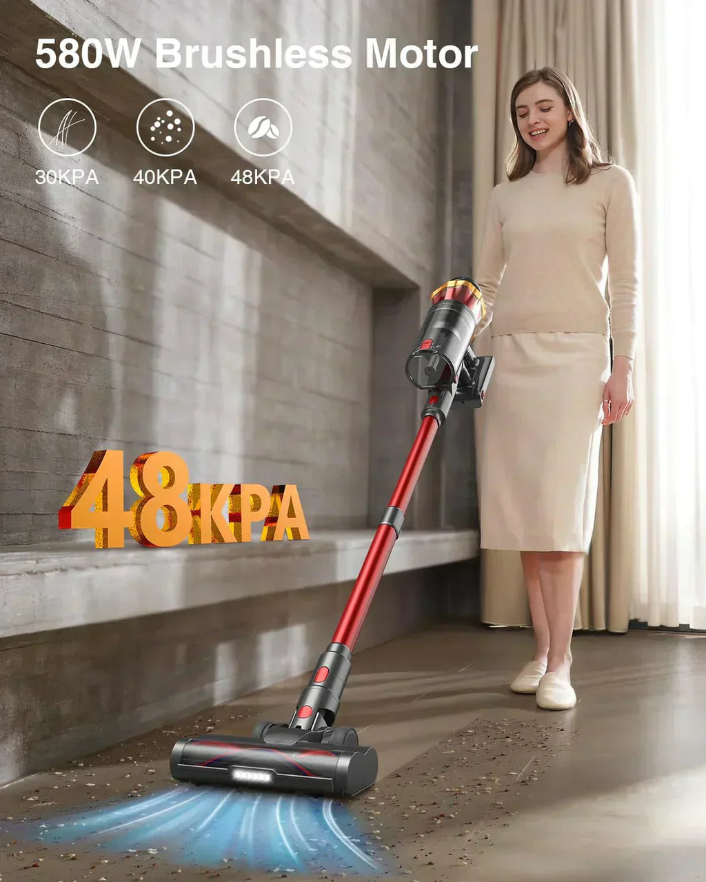 Cordless Vacuum Cleaner 580W 48KPA 65Mins Vacuum Cleaners for Home Self-Standing Stick Vacuum