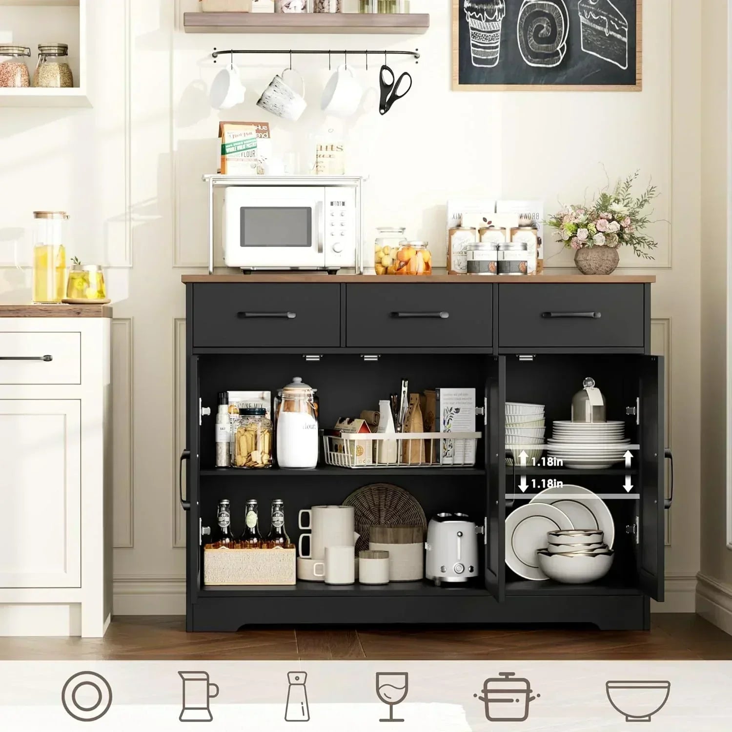 Modern farmhouse sideboard barn door buffet storage cabinet with drawers and shelves