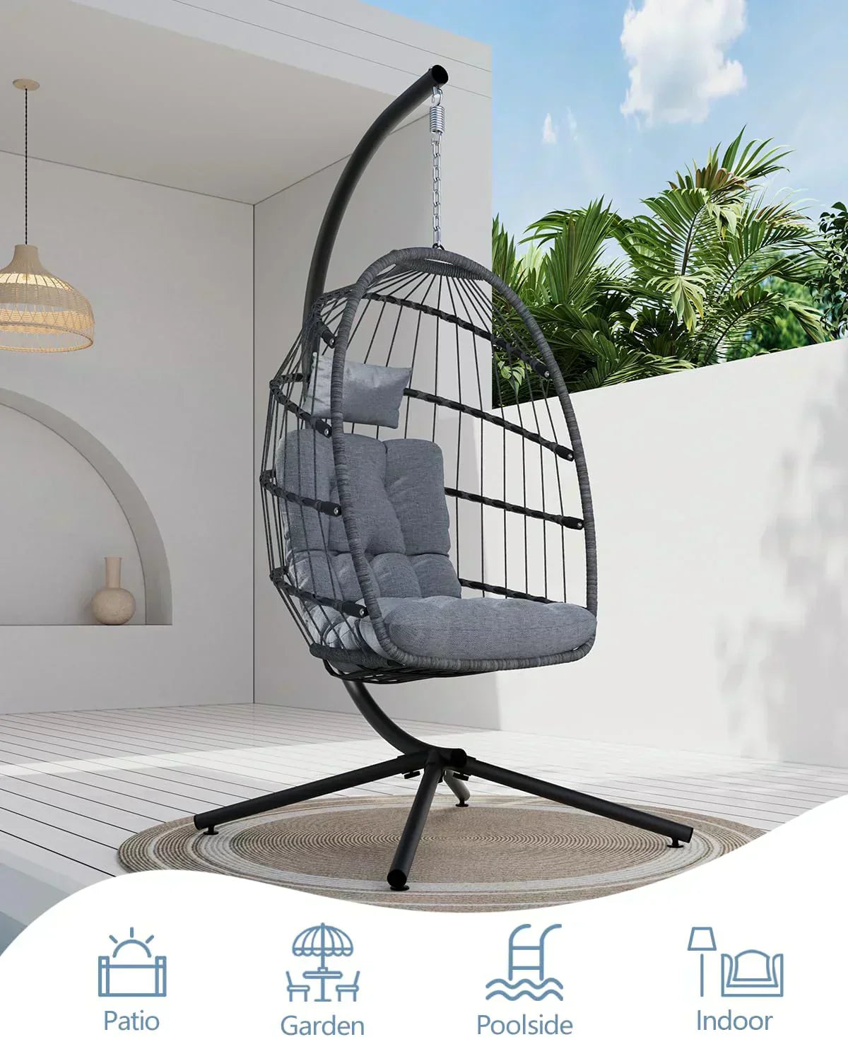 SWITTE Egg Chair Outdoor with Stand Indoor Wicker Hanging Egg Swing Chair with Cushion