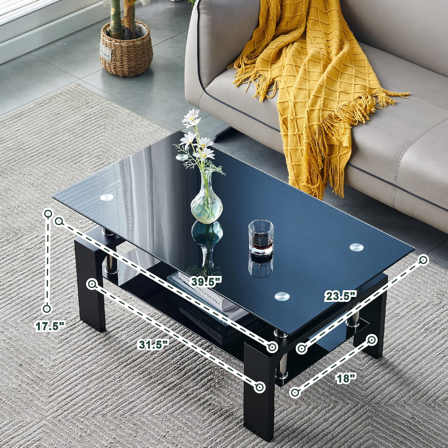 Living Room Rectangle Coffee Table, Tea Table Suitable for Waiting Room, Modern Side Coffee Table with Wooden Leg, Glass Tabletop