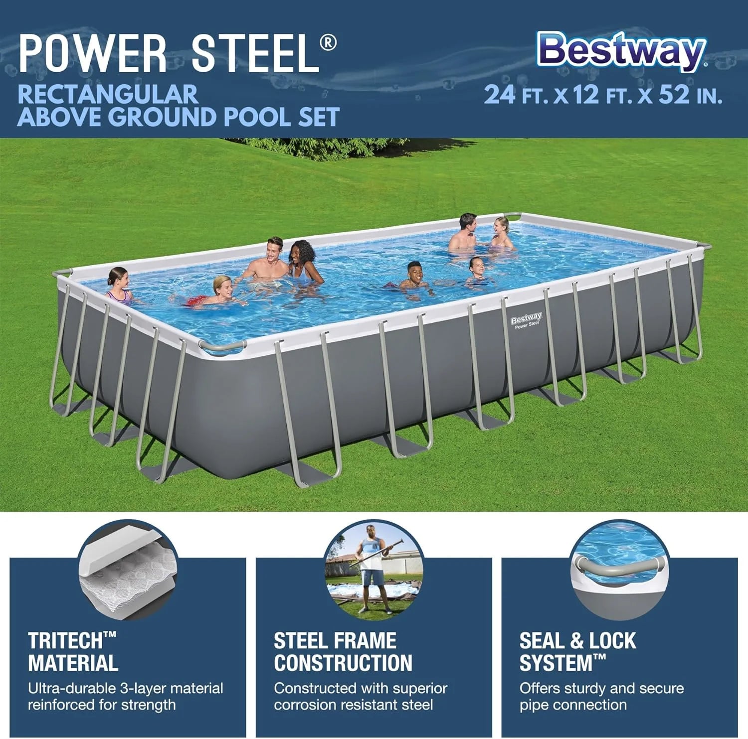 Power Steel 14' x 8'2 x 39.5 Oval Above Ground Pool Set | Includes 530gal Filter Pump, Ladder, ChemConnect Dispener