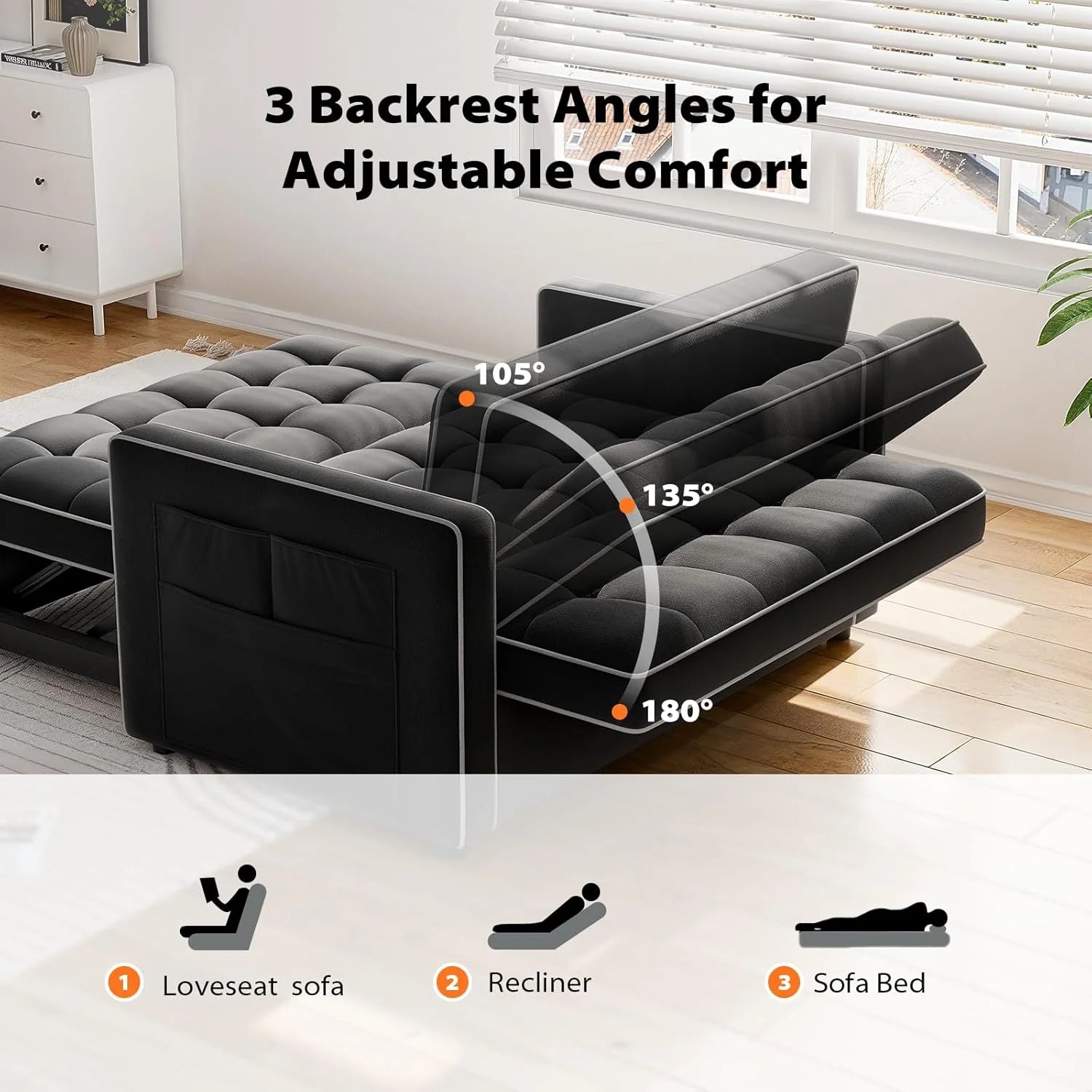 Pipishell 3 in 1 Convertible Sleeper Sofa Bed,Pull Out Couch for Living Room with USB Ports & Side Pockets,Adjustable Backrest,Velvet,Loveseat Sofa Bed,Futon Couches,Black