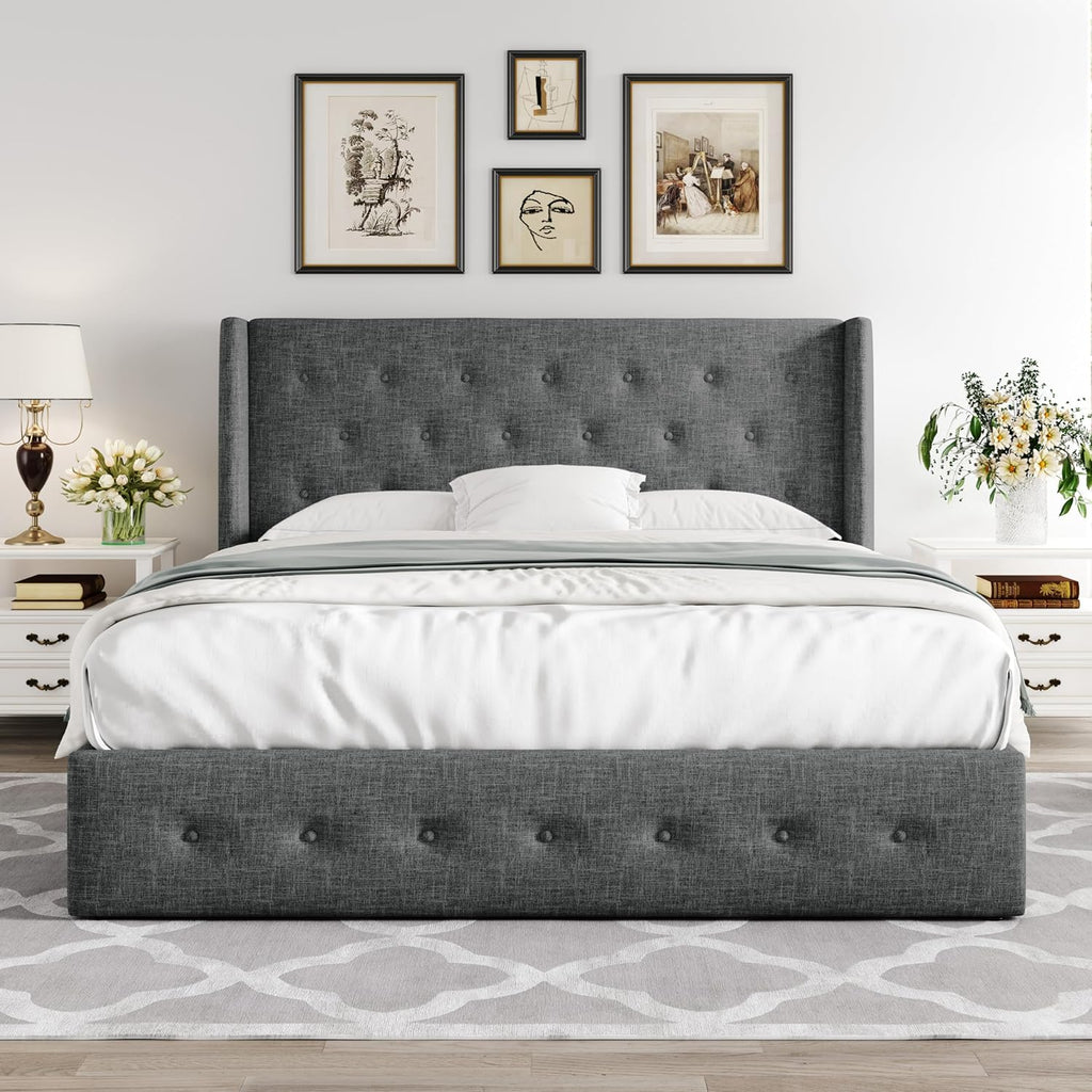 Allewie Queen Size Lift Up Storage Bed Modern Wingback Headboard Hydraulic Support