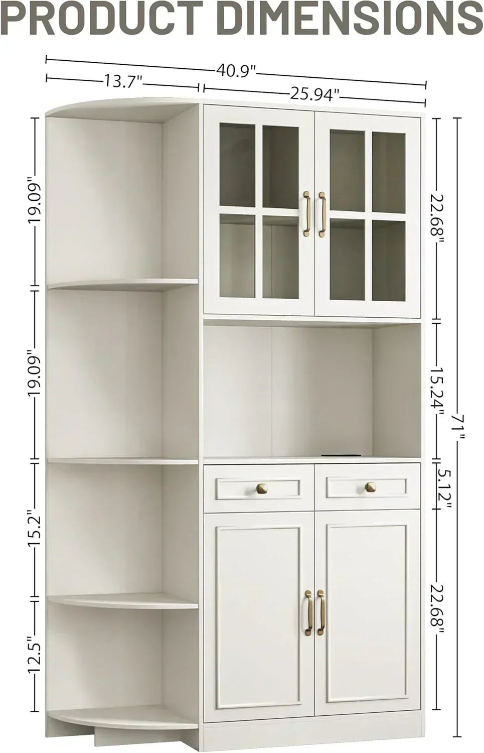 Kitchen Hutch Pantry Cabinet 71 Tall with Glass Doors