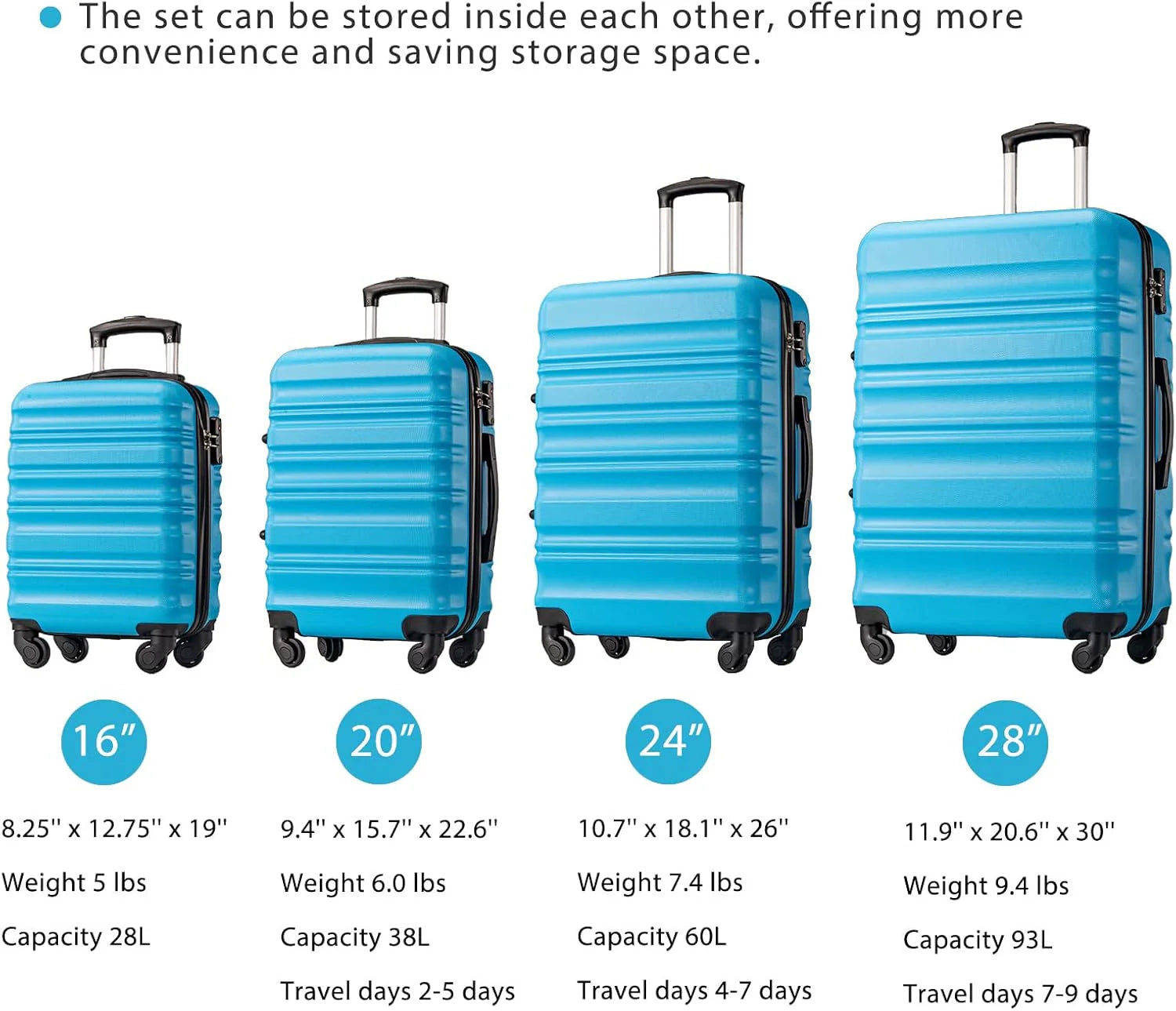 LONG VACATION 6 Piece Luggage Set Carry on Suitcase with ABS+PC hardshell, Spinner Wheels & YKK Zipper TSA Lock