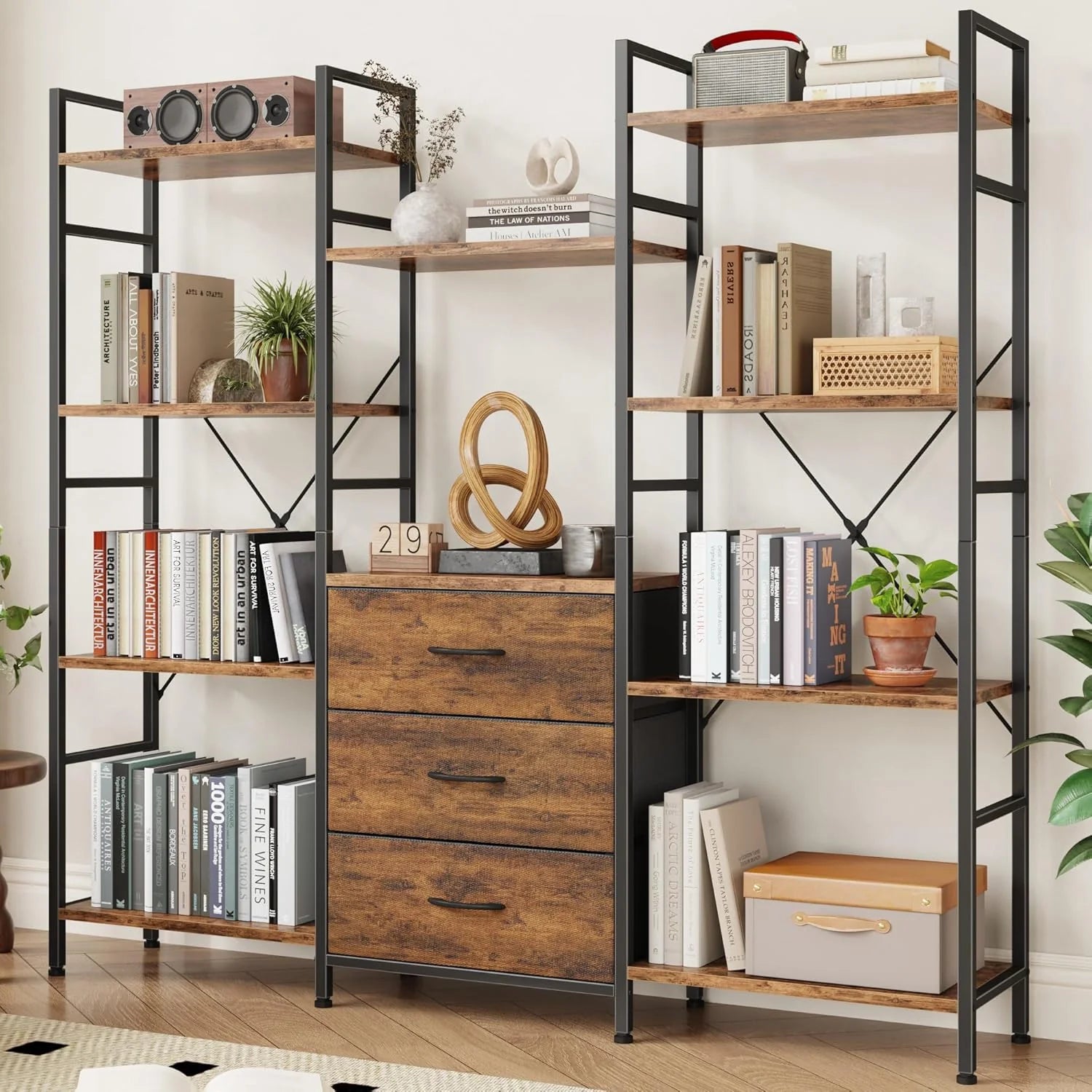 AFLUI Triple Bookshelf 3 Fabric Drawers 4-Tier Book Shelf 10 Display Shelves Industrial Bookcase