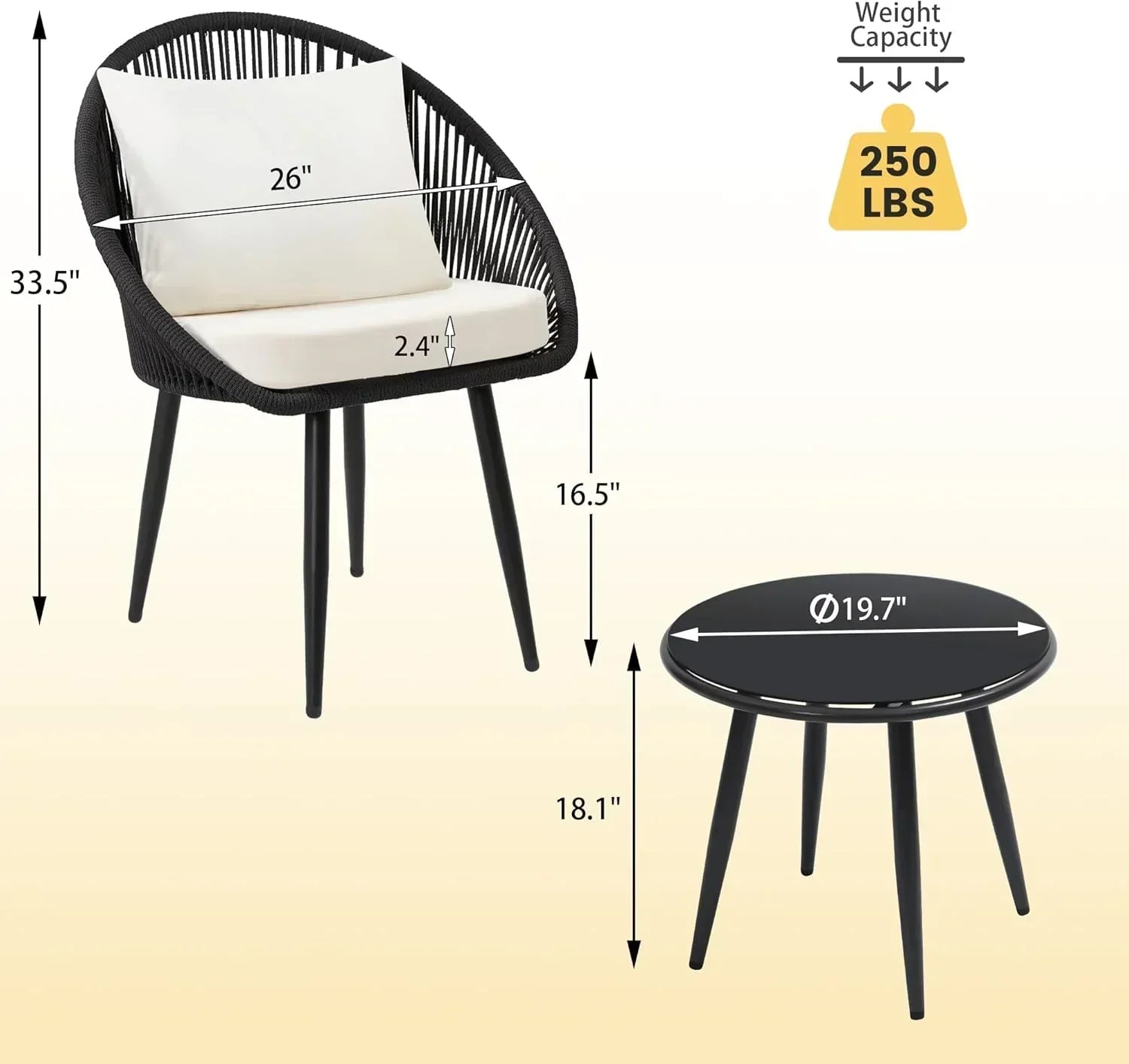 3 Piece Bistro Set Woven Rope Chair with Cushions All Weather Patio Conversation Set Side Table