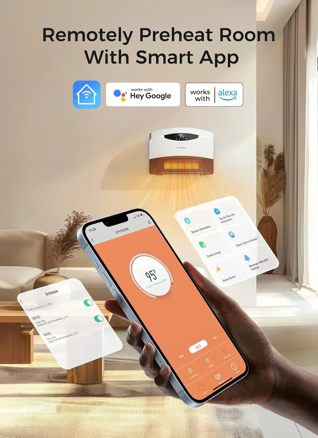 Wall mounted electric heater with WiFi and remote control floor standing heater 1500W