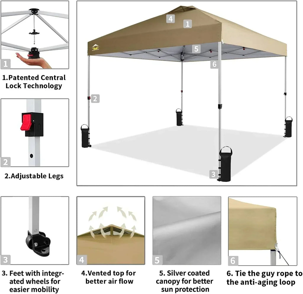 10x10 Pop-Up Awning One-Click Installation Beach Tent Outdoor Sunshade Silver Coated Top